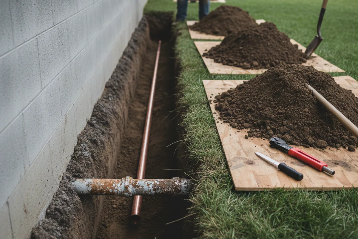 Excavated water line trench during Water Softener Installation in Oradell